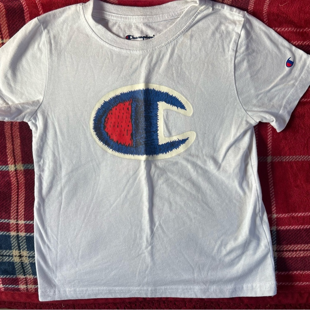 Champion Kids White Tee with Blue and Red Emblem